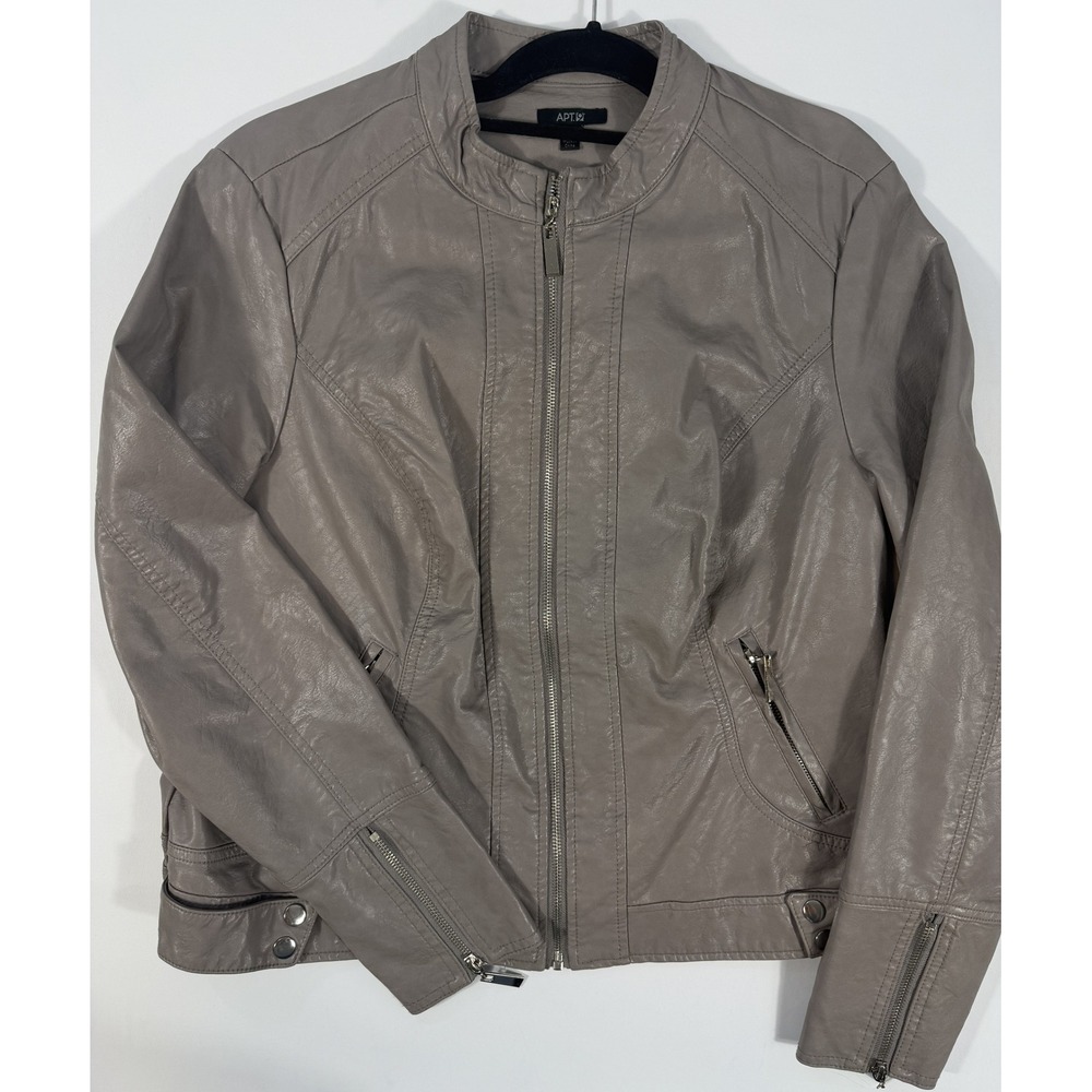 Apt. 9 Moto Jacket Women XL Taupe Gray Excellent Faux Leather Zip Biker Coat